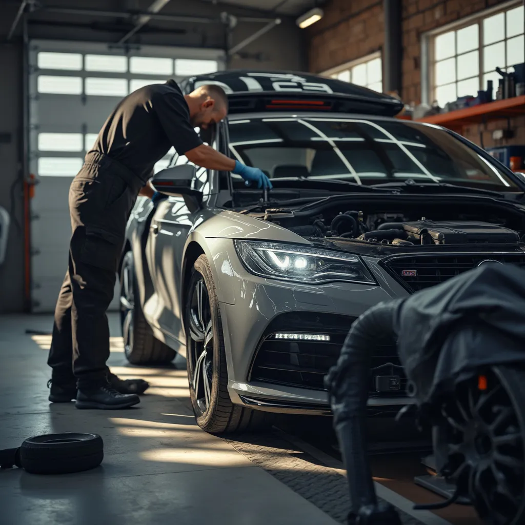 SUV undergoing tire replacement